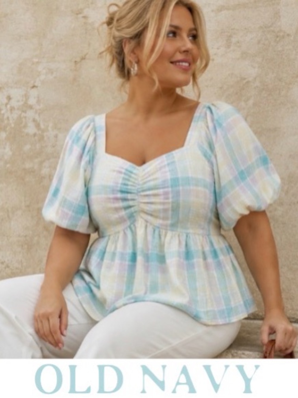 4X Old Navy Pastel Plaid Puff Sleeve Peplum Top Blue & Cream, New With Tags